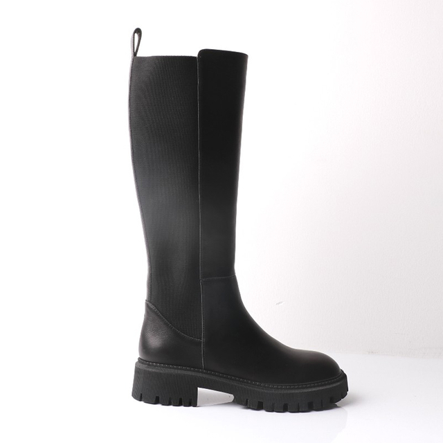 Flat Black Leather Knee High Boots